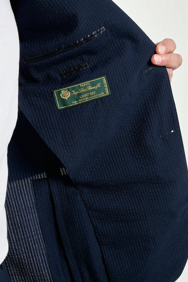 Men Pini Parma single breasted blue suit in seersucker made in italy in wool and silk from Loro Piana 