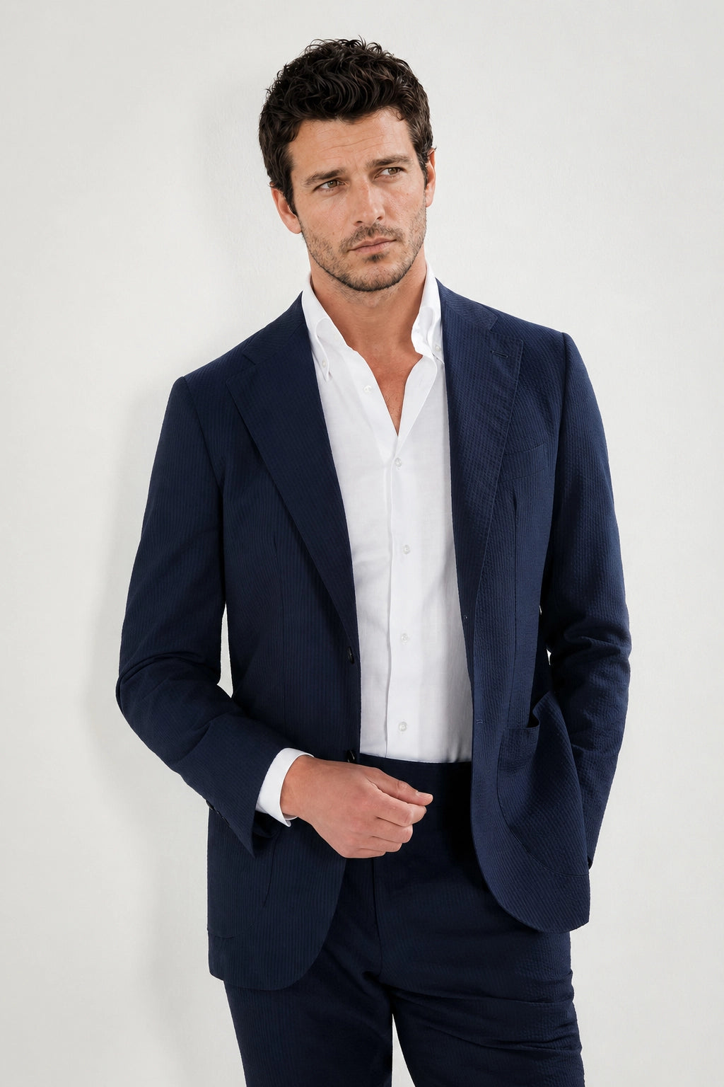 Men Pini Parma single breasted blue suit in seersucker made in italy in wool and silk from Loro Piana 