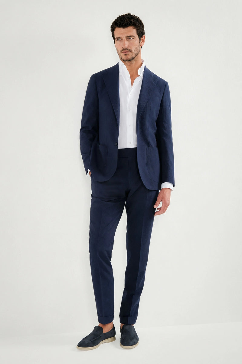 Men Pini Parma single breasted blue suit in seersucker made in italy in wool and silk from Loro Piana 