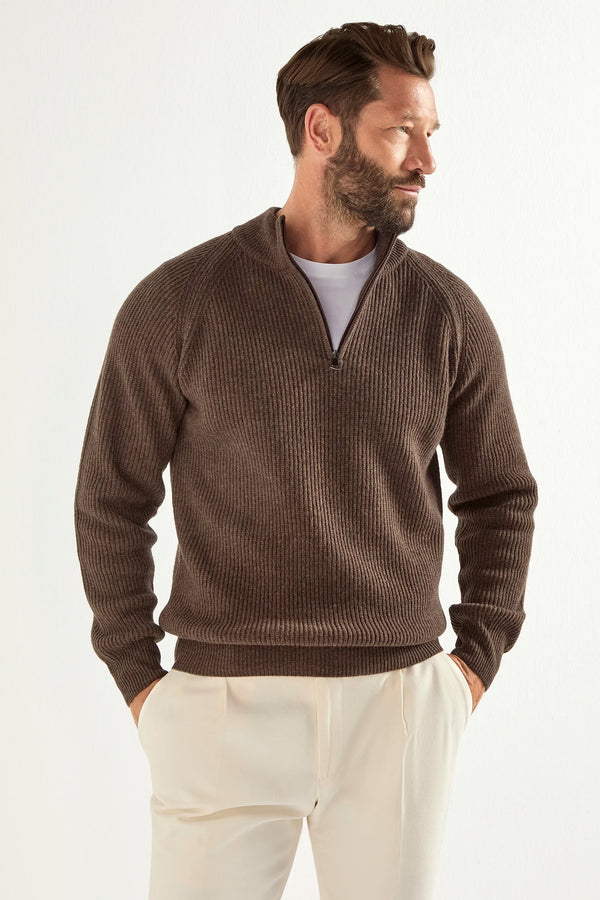 brown ribbed half zip, men's cashmere half zip, italian knit half zip, brown cashmere zip sweater, luxury men's half zip, elegant men's knitwear, refined ribbed half zip, tailored brown half zip, premium italian half zip, sophisticated men's zip sweater, timeless italian knitwear, upscale men's half zip, classic brown zip sweater, italian craftsmanship knitwear, premium men's cashmere zip, refined italian ribbed half zip