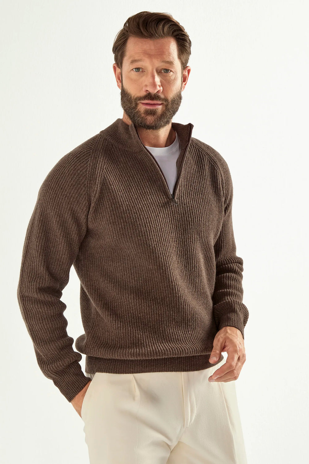 brown ribbed half zip, men's cashmere half zip, italian knit half zip, brown cashmere zip sweater, luxury men's half zip, elegant men's knitwear, refined ribbed half zip, tailored brown half zip, premium italian half zip, sophisticated men's zip sweater, timeless italian knitwear, upscale men's half zip, classic brown zip sweater, italian craftsmanship knitwear, premium men's cashmere zip, refined italian ribbed half zip