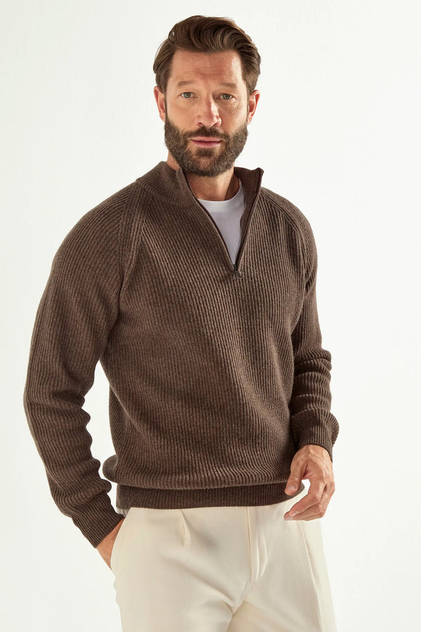 brown ribbed half zip, men's cashmere half zip, italian knit half zip, brown cashmere zip sweater, luxury men's half zip, elegant men's knitwear, refined ribbed half zip, tailored brown half zip, premium italian half zip, sophisticated men's zip sweater, timeless italian knitwear, upscale men's half zip, classic brown zip sweater, italian craftsmanship knitwear, premium men's cashmere zip, refined italian ribbed half zip