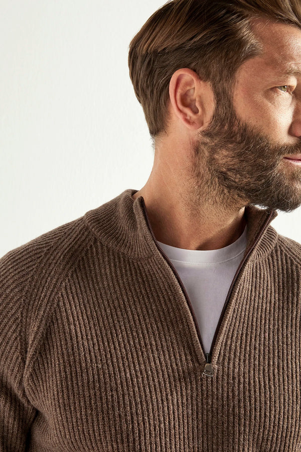 brown ribbed half zip, men's cashmere half zip, italian knit half zip, brown cashmere zip sweater, luxury men's half zip, elegant men's knitwear, refined ribbed half zip, tailored brown half zip, premium italian half zip, sophisticated men's zip sweater, timeless italian knitwear, upscale men's half zip, classic brown zip sweater, italian craftsmanship knitwear, premium men's cashmere zip, refined italian ribbed half zip
