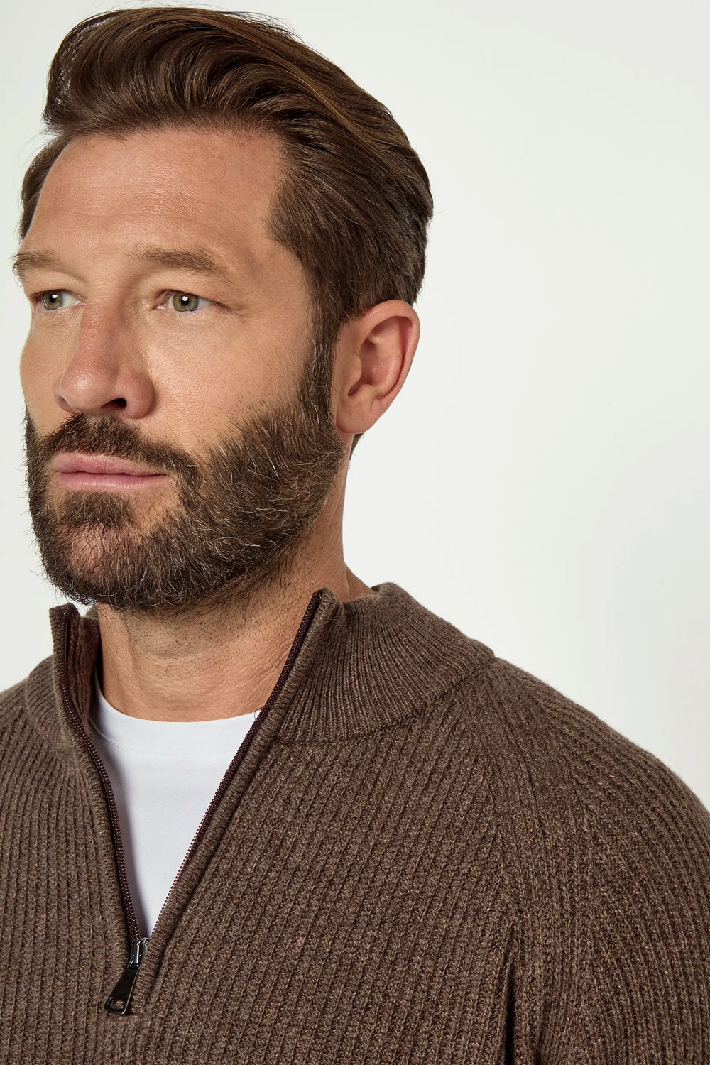 brown ribbed half zip, men's cashmere half zip, italian knit half zip, brown cashmere zip sweater, luxury men's half zip, elegant men's knitwear, refined ribbed half zip, tailored brown half zip, premium italian half zip, sophisticated men's zip sweater, timeless italian knitwear, upscale men's half zip, classic brown zip sweater, italian craftsmanship knitwear, premium men's cashmere zip, refined italian ribbed half zip