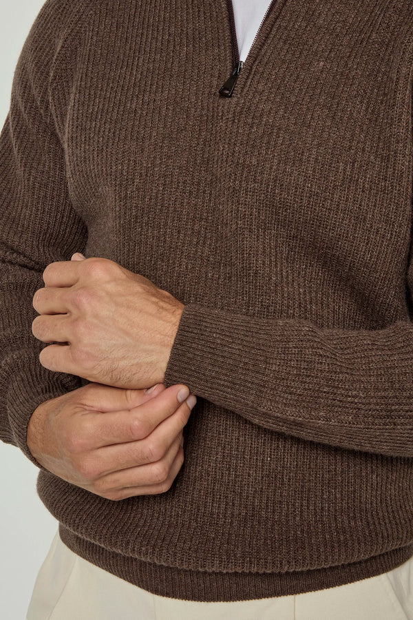 brown ribbed half zip, men's cashmere half zip, italian knit half zip, brown cashmere zip sweater, luxury men's half zip, elegant men's knitwear, refined ribbed half zip, tailored brown half zip, premium italian half zip, sophisticated men's zip sweater, timeless italian knitwear, upscale men's half zip, classic brown zip sweater, italian craftsmanship knitwear, premium men's cashmere zip, refined italian ribbed half zip