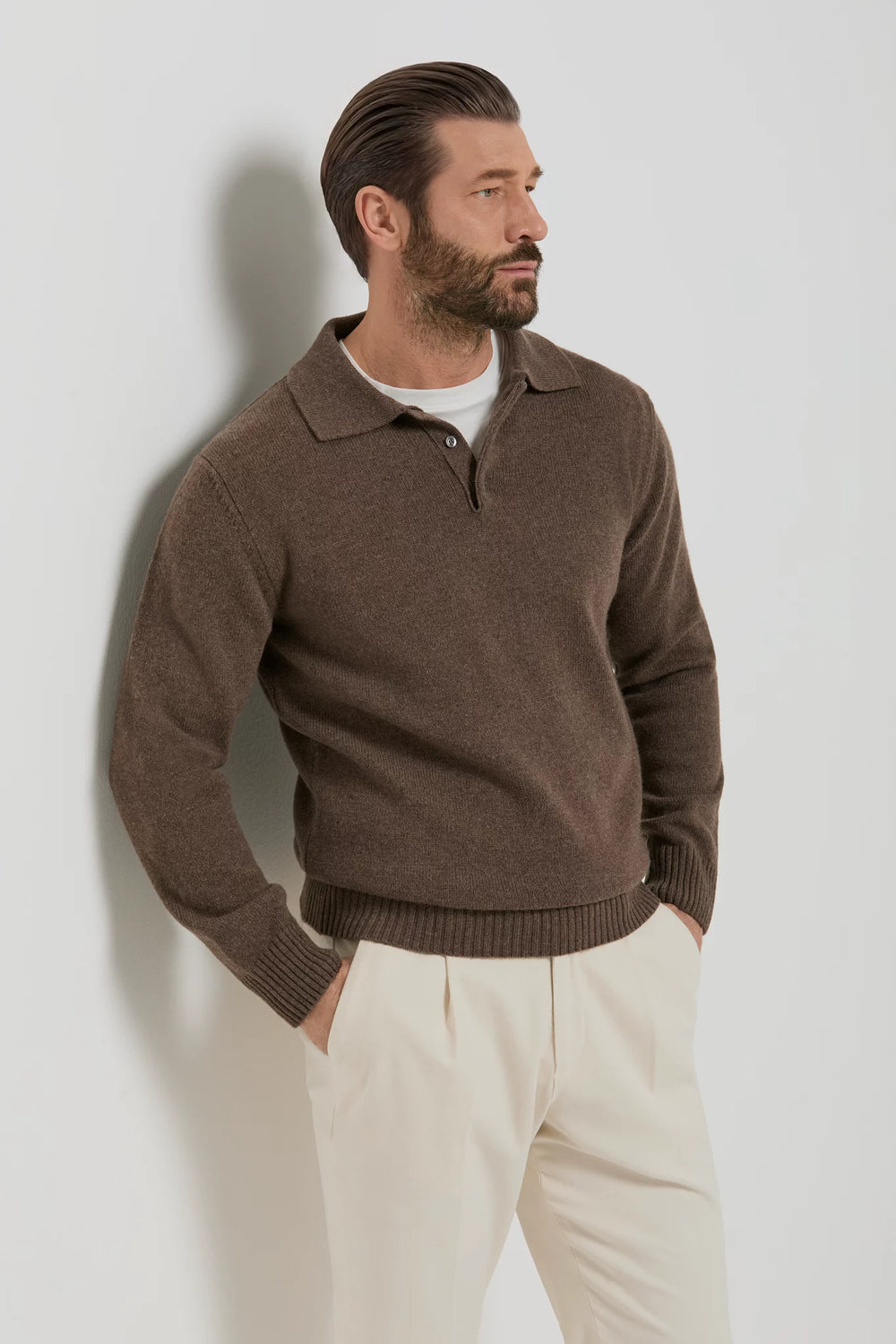 men pini parma brown long sleeve polo made in italy in wool and cashmere 