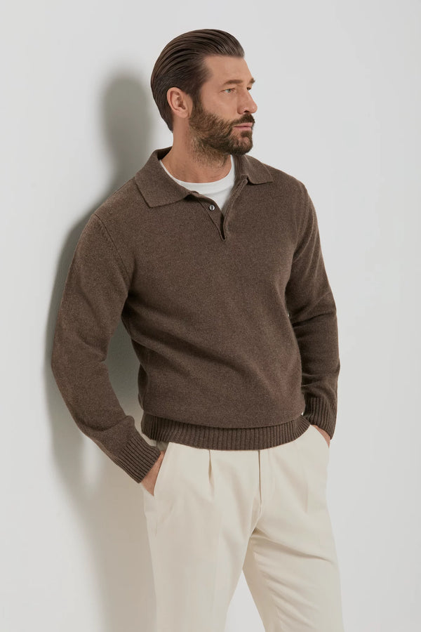 men pini parma brown long sleeve polo made in italy in wool and cashmere 