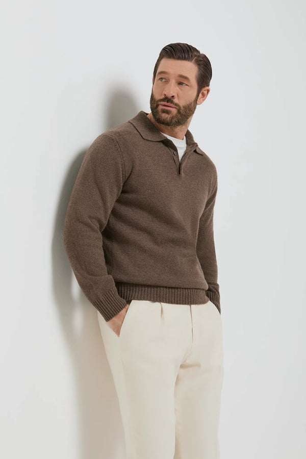 men pini parma brown long sleeve polo made in italy in wool and cashmere 