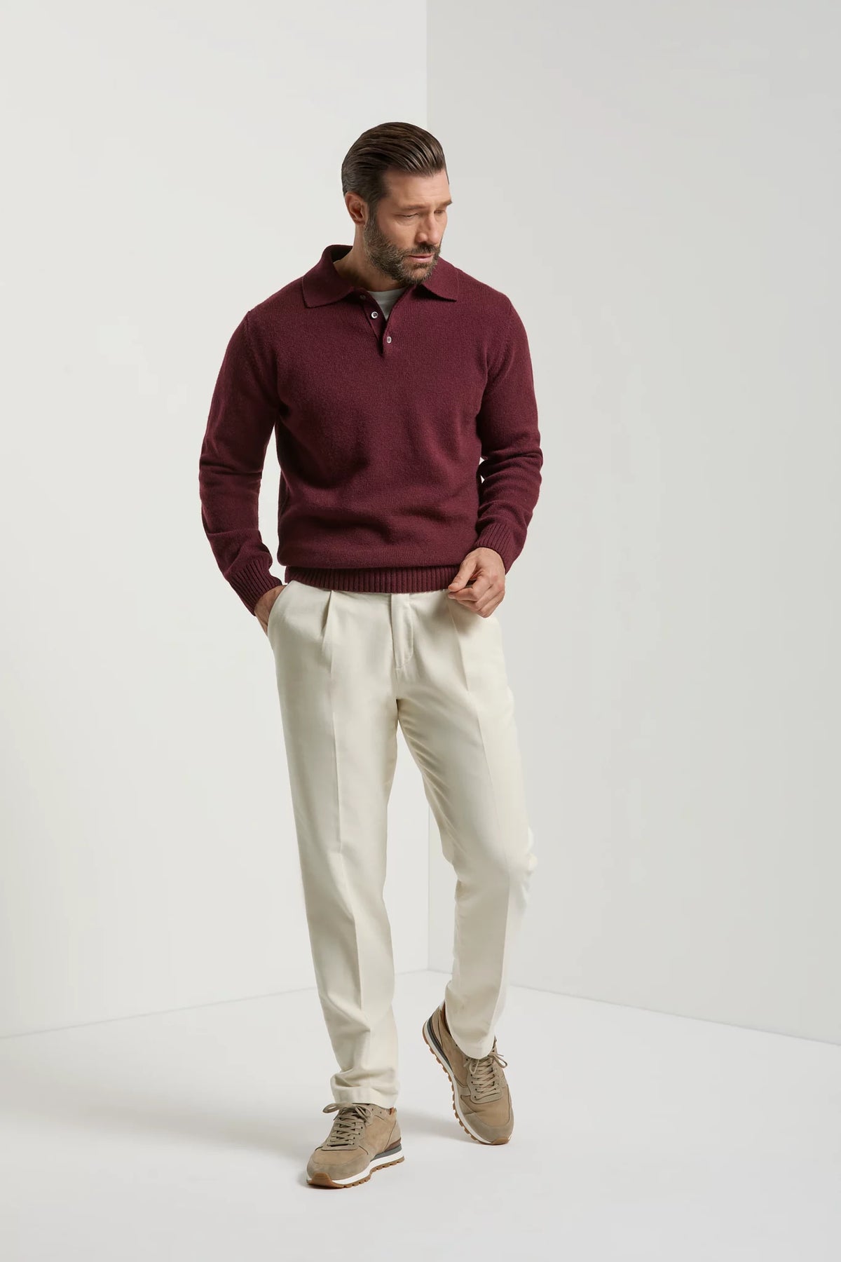 men pini parma burgundy long sleeve polo made in italy in wool and cashmere 