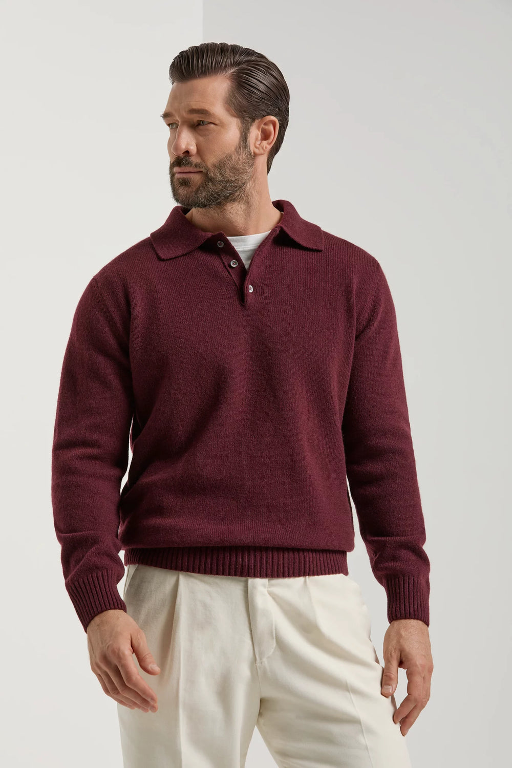 men pini parma burgundy long sleeve polo made in italy in wool and cashmere 