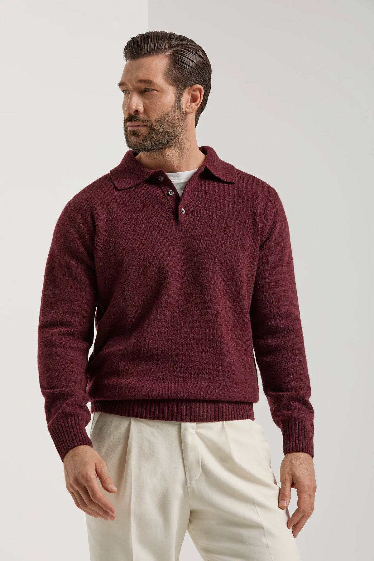 men pini parma burgundy long sleeve polo made in italy in wool and cashmere 