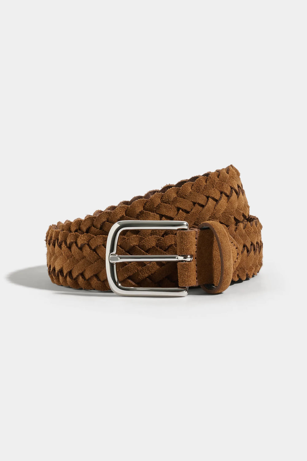 Brown braided belt with a silver buckle on a white background