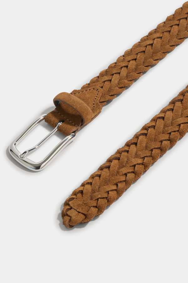 Brown braided belt with a silver buckle on a white background