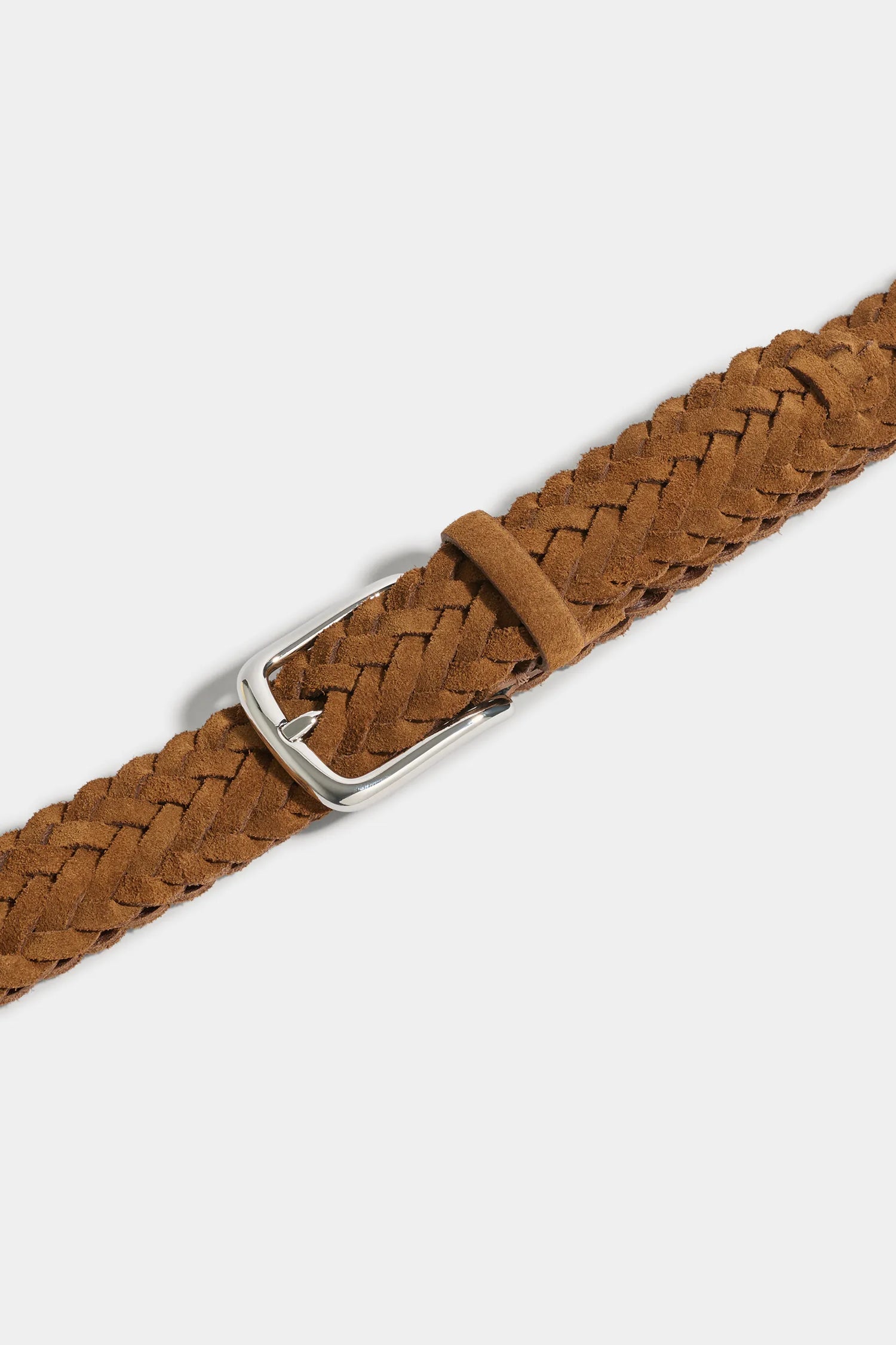 Brown braided belt with a silver buckle on a white background