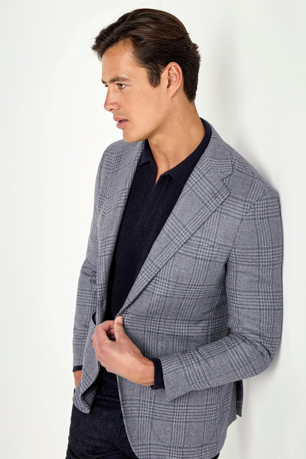 dusty blue prince of wales jacket, men's prince of wales jacket, italian wool jacket, blue patterned jacket, luxury men's jacket, elegant men's blazer, refined prince of wales jacket, tailored dusty blue jacket, premium italian jacket, sophisticated men's blazer, timeless italian jacket, upscale men's blazer, classic prince of wales jacket, italian craftsmanship blazer, premium men's wool blazer, refined italian jacket