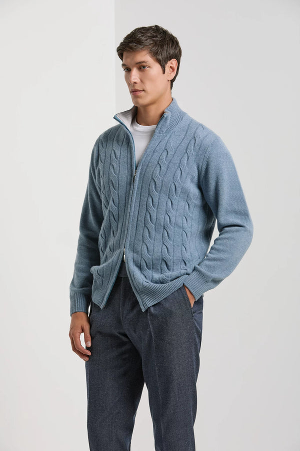 Pini Parma made in Itay men dusty blue cable knit cashmere blend full zip sweater
