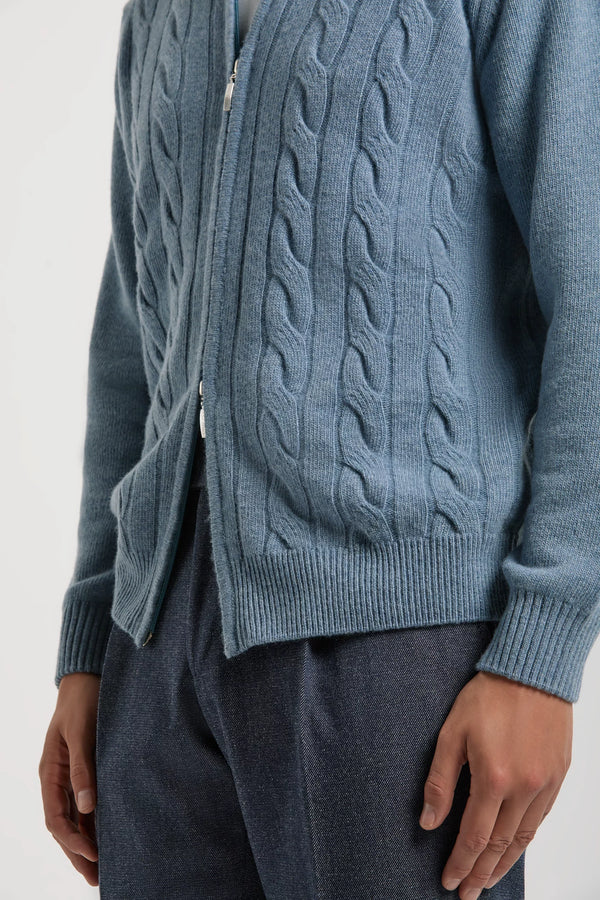 Pini Parma made in Itay men dusty blue cable knit cashmere blend full zip sweater