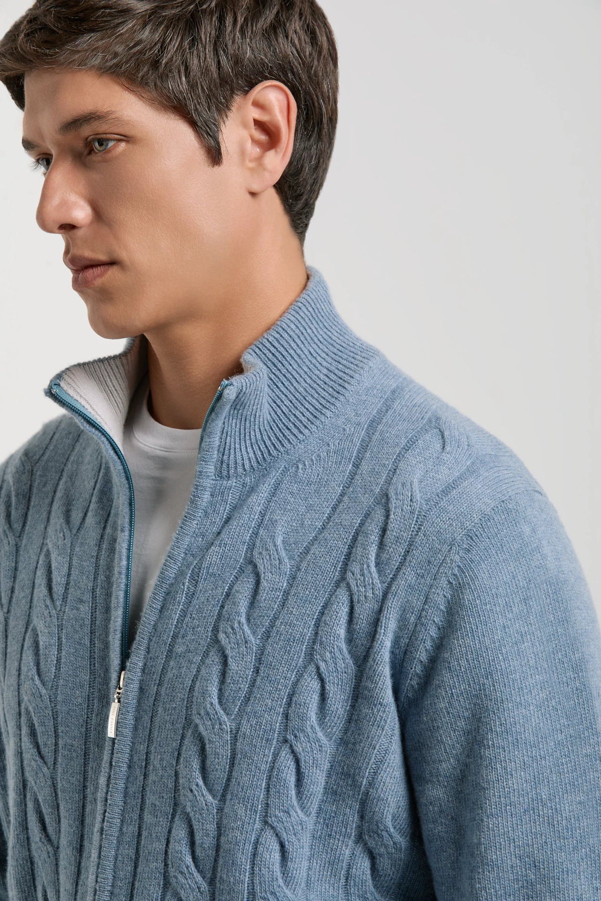 Pini Parma made in Itay men dusty blue cable knit cashmere blend full zip sweater