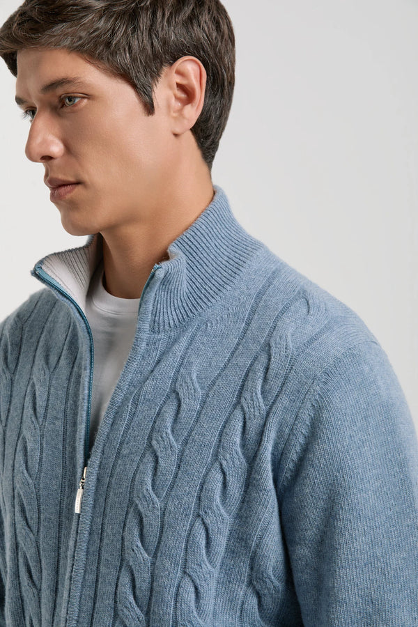 Pini Parma made in Itay men dusty blue cable knit cashmere blend full zip sweater