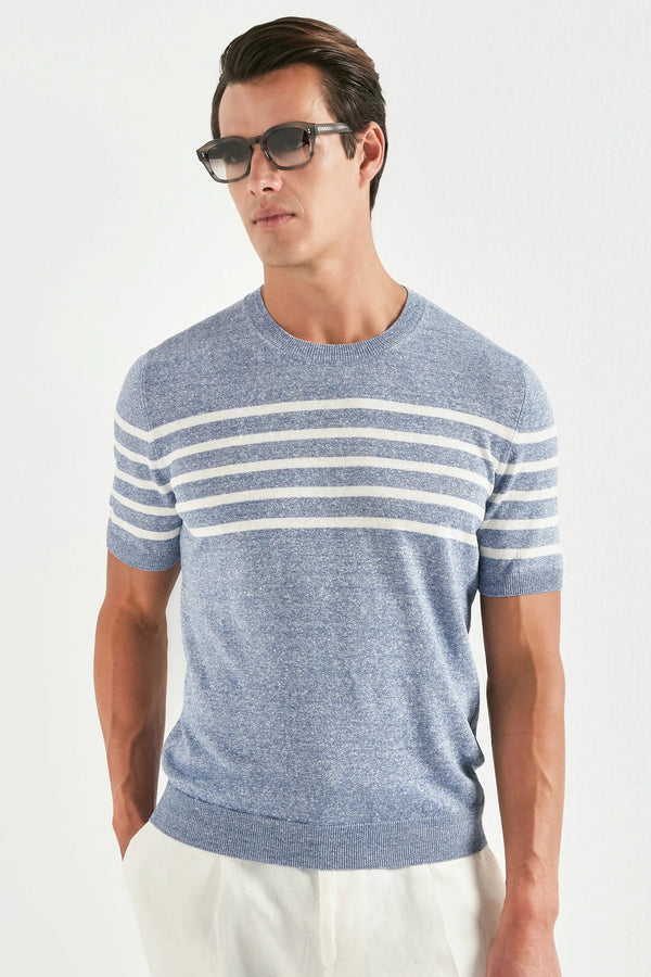 Men Pini Parma light blue striped t-shirt made in Italy by Gran Sasso in linen and cotton 