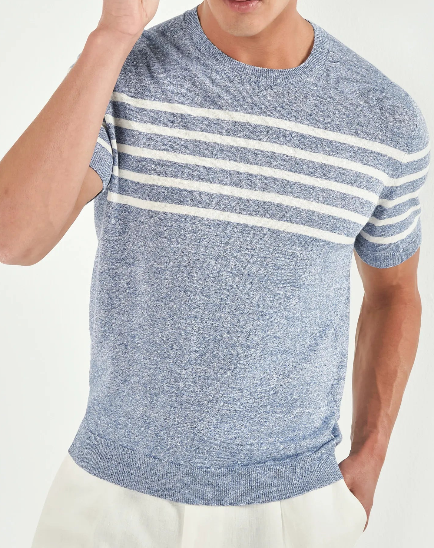 Men Pini Parma light blue striped t-shirt made in Italy by Gran Sasso in linen and cotton 
