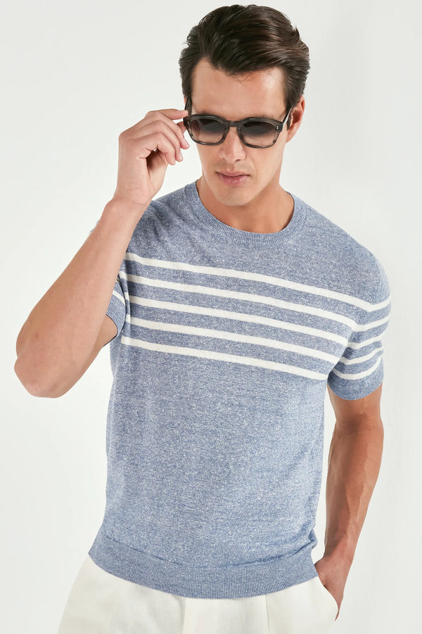 Men Pini Parma light blue striped t-shirt made in Italy by Gran Sasso in linen and cotton 