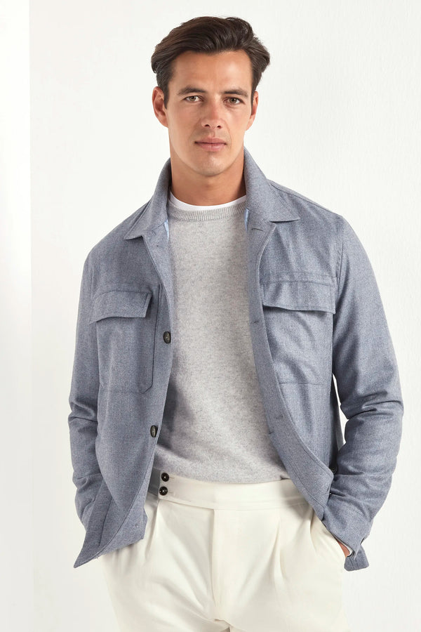 dusty blue shirt jacket, men's wool cashmere jacket, italian shirt jacket, blue overshirt jacket, luxury men's jacket, elegant men's overshirt, refined shirt jacket, tailored blue jacket, premium italian jacket, sophisticated men's overshirt, timeless italian jacket, upscale men's overshirt, classic blue jacket, italian craftsmanship jacket, premium men's wool cashmere jacket, refined italian shirt jacket