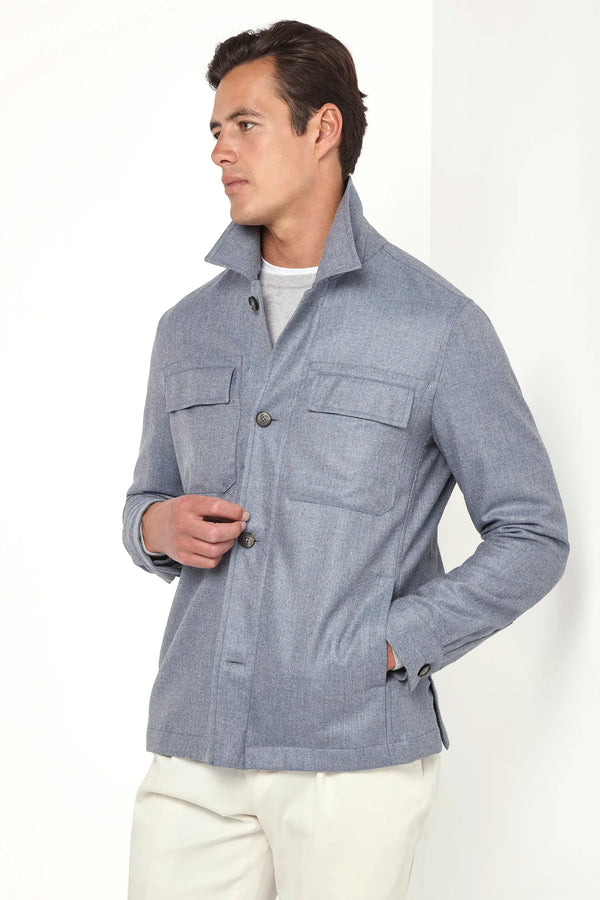 dusty blue shirt jacket, men's wool cashmere jacket, italian shirt jacket, blue overshirt jacket, luxury men's jacket, elegant men's overshirt, refined shirt jacket, tailored blue jacket, premium italian jacket, sophisticated men's overshirt, timeless italian jacket, upscale men's overshirt, classic blue jacket, italian craftsmanship jacket, premium men's wool cashmere jacket, refined italian shirt jacket