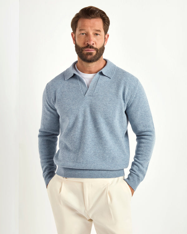 dusty blue wool polo, men's wool polo, italian wool polo, dusty blue knit polo, luxury men's polo, elegant men's polo, refined wool polo, tailored dusty blue polo, premium italian polo, sophisticated men's polo, timeless italian polo, upscale men's polo, classic dusty blue polo, italian craftsmanship polo, premium men's knit polo, refined italian wool polo
