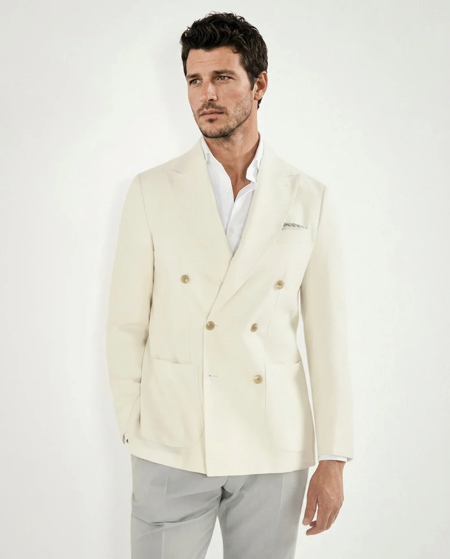 Men Pini Parma off-white double breasted jacket made in italy in wool, silk and linen 