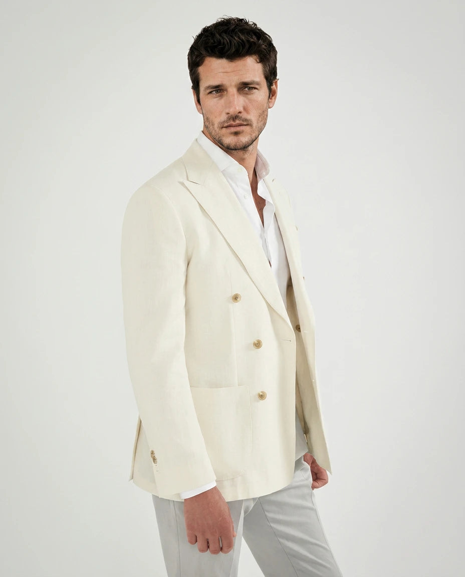 Men Pini Parma off-white double breasted jacket made in italy in wool, silk and linen 