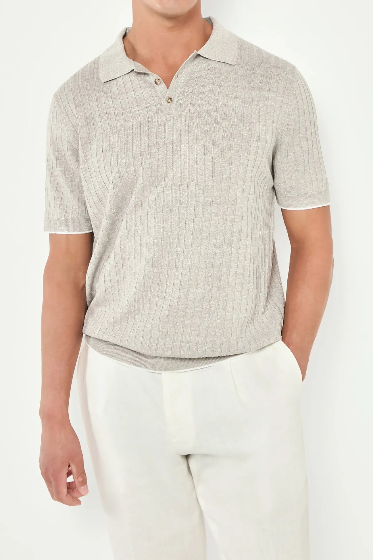 Polo côtelé en coton et lin écru - Made in Italy