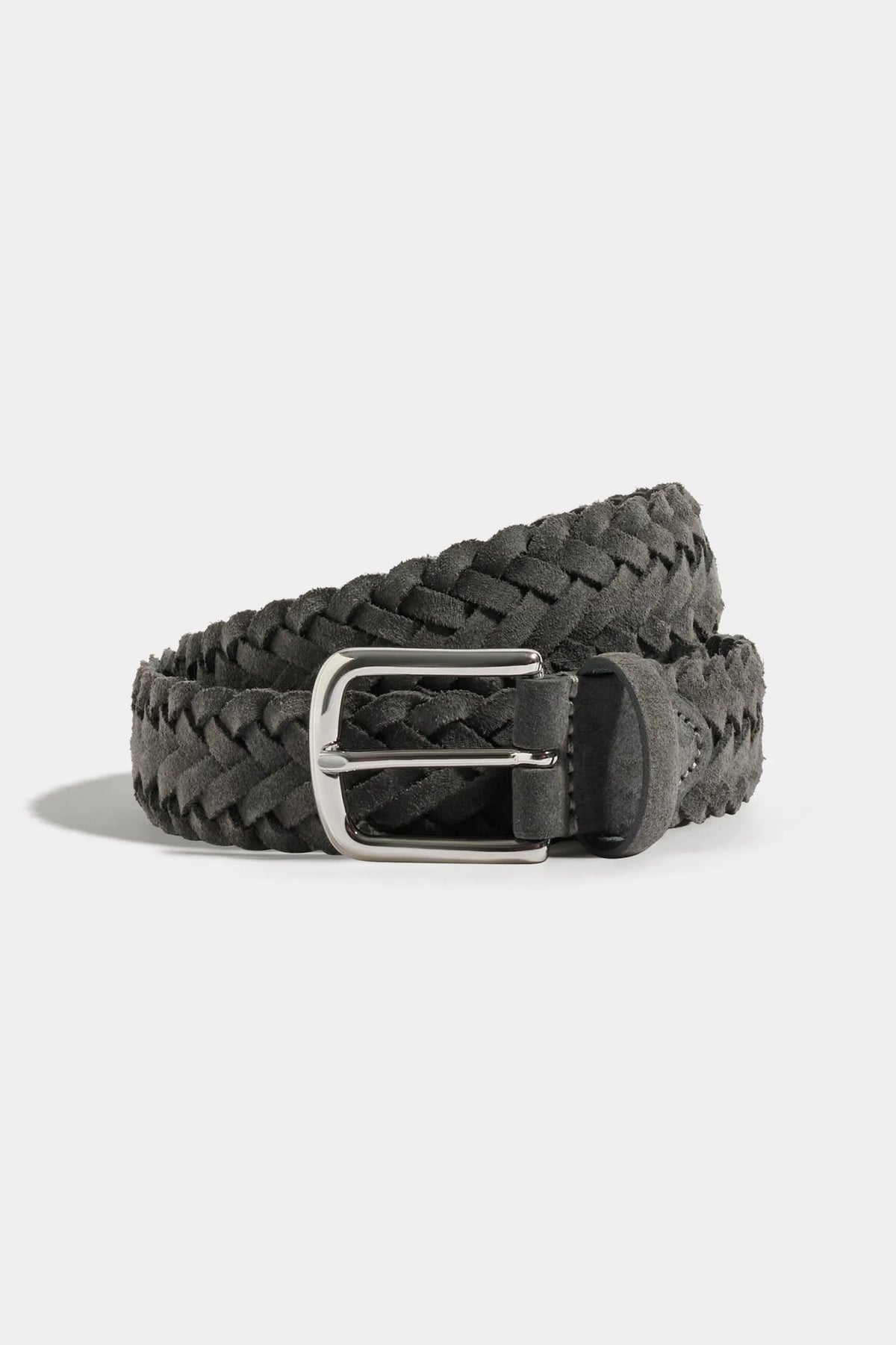 Grey belt with silver buckle on a light background 