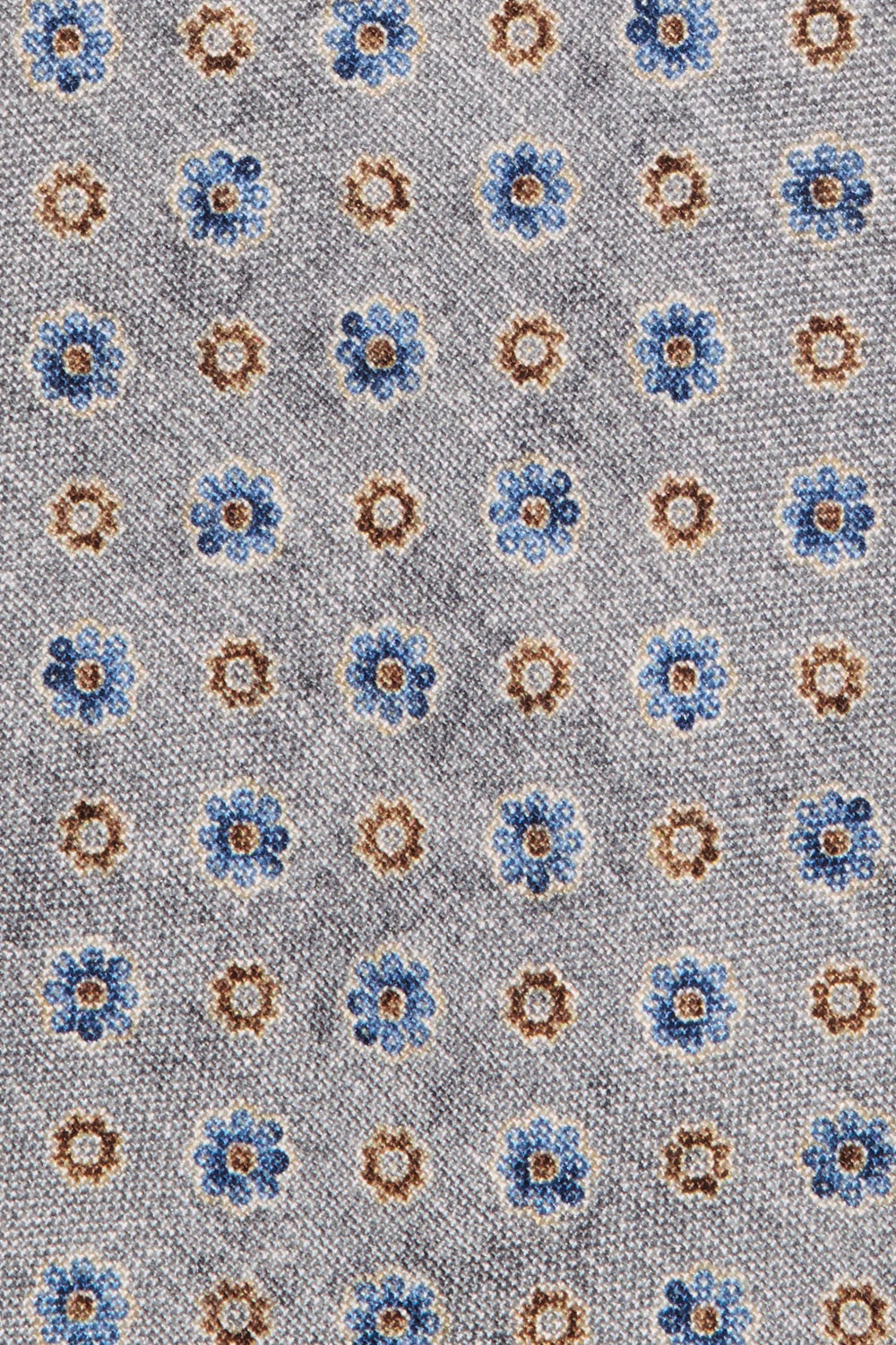 Patterned fabric with blue and brown flowers on a gray background