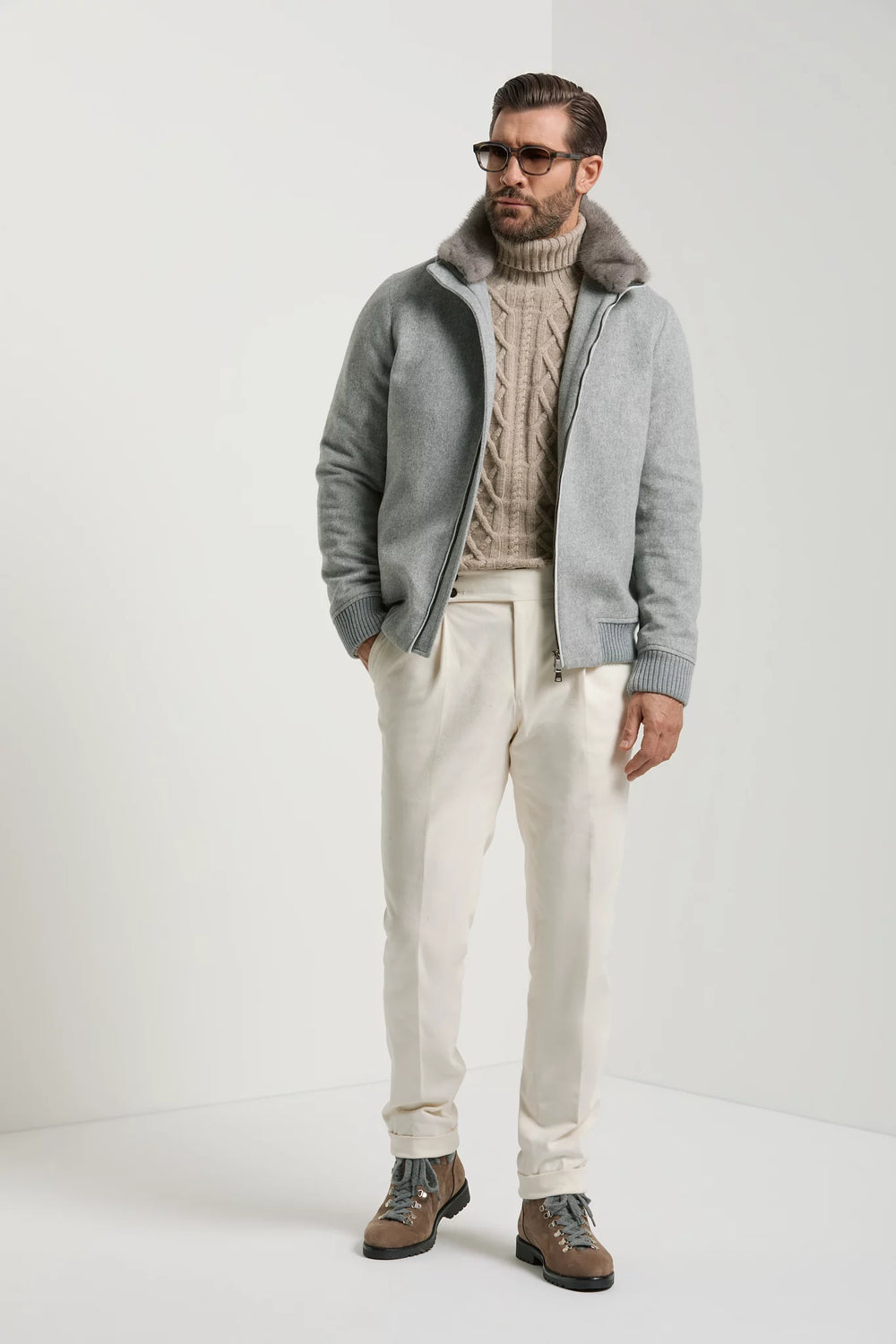men pini parma grey bomber with mink collar made in italy using Loro Piana wool 