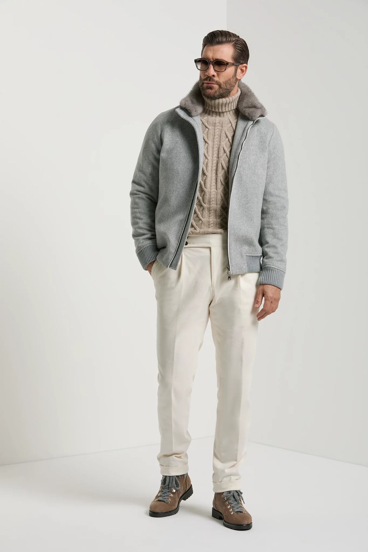 men pini parma grey bomber with mink collar made in italy using Loro Piana wool 