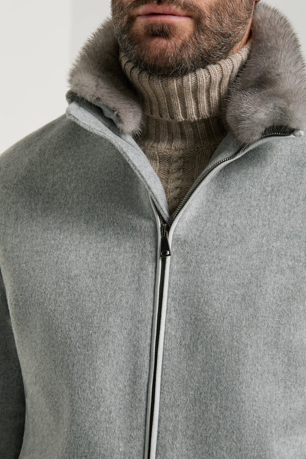men pini parma grey bomber with mink collar made in italy using Loro Piana wool 