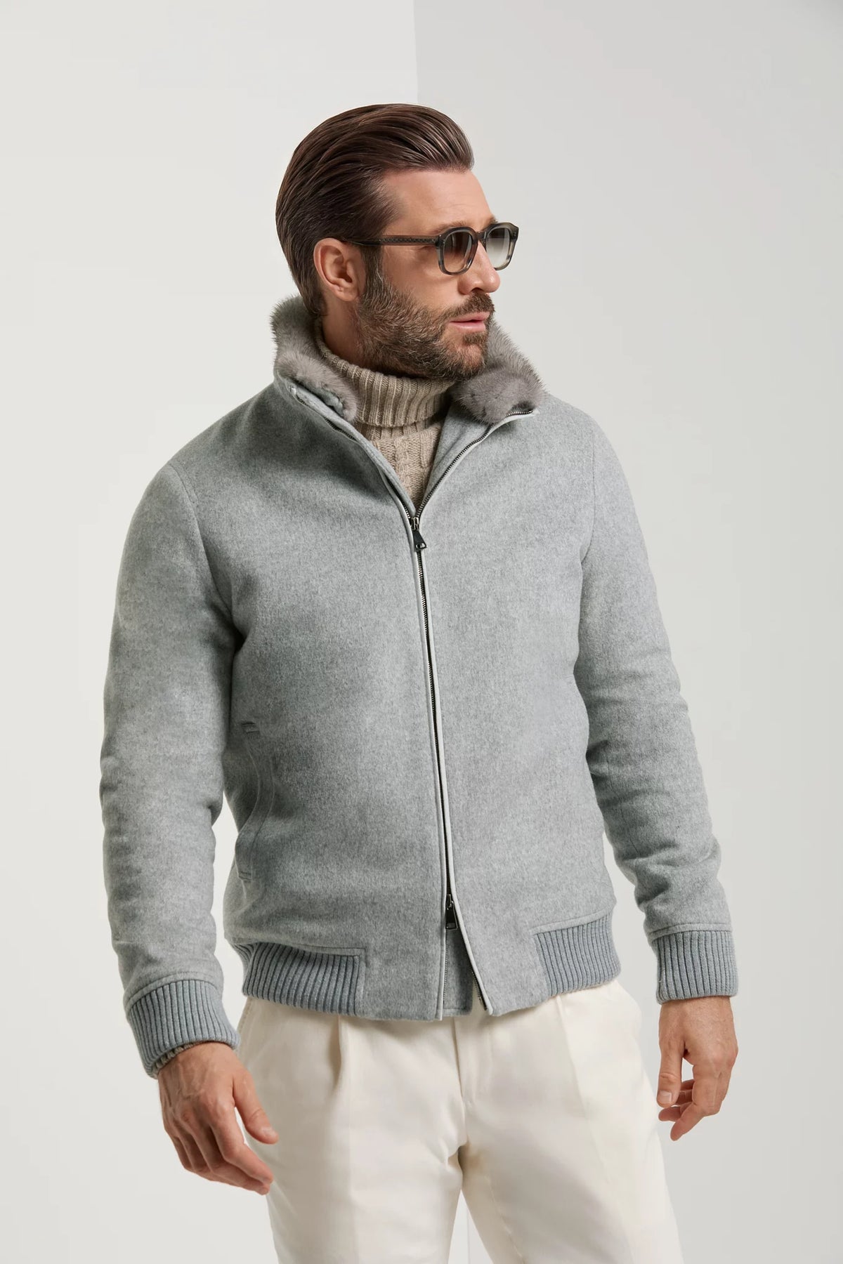 men pini parma grey bomber with mink collar made in italy using Loro Piana wool 