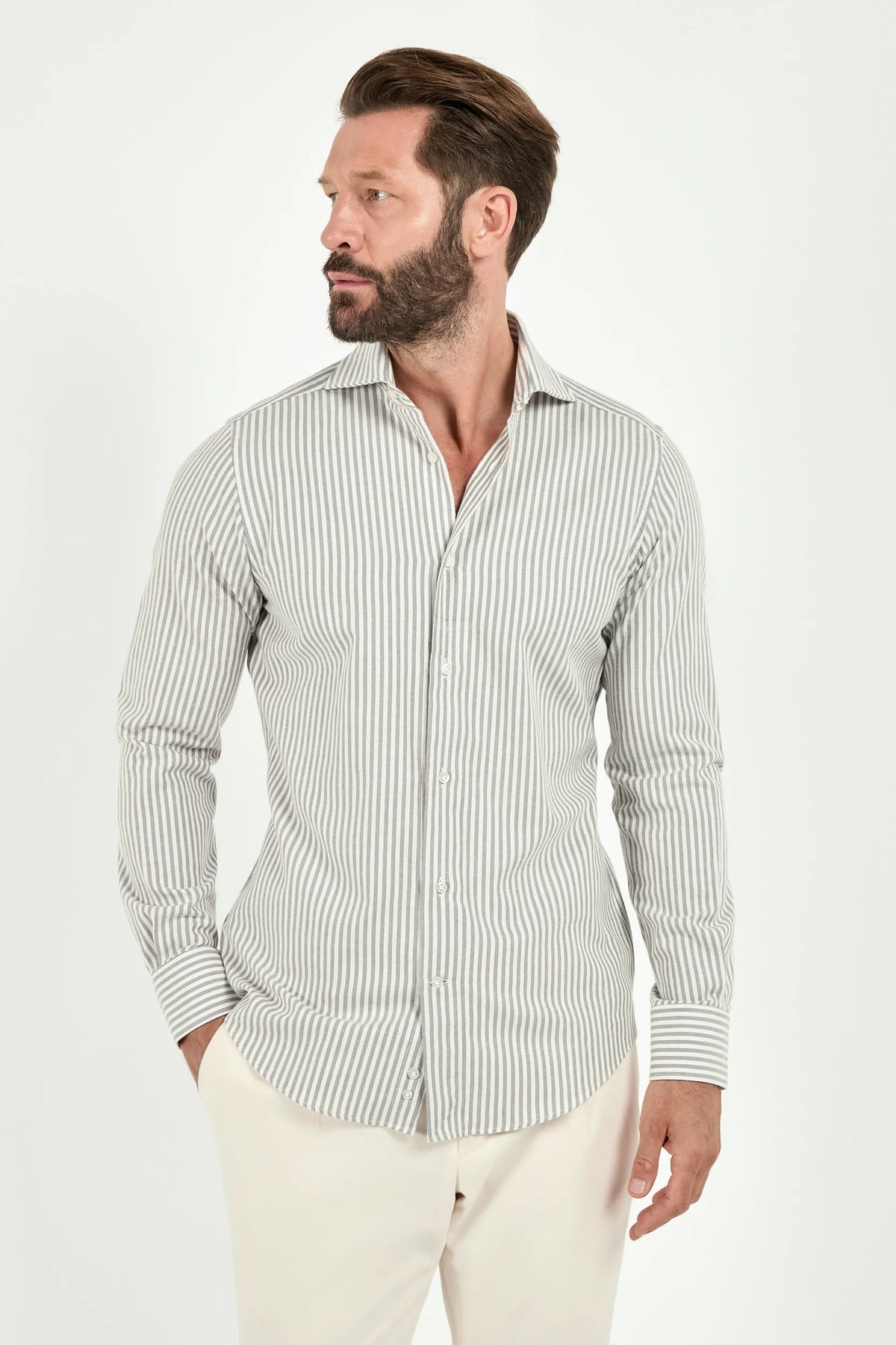 grey striped cotton cashmere shirt, men cotton cashmere shirt, italian cotton cashmere shirt, grey striped cashmere shirt, luxury men's cotton cashmere shirt, elegant men's cashmere shirt, refined cotton cashmere shirt, tailored grey striped shirt, premium italian cotton cashmere shirt
