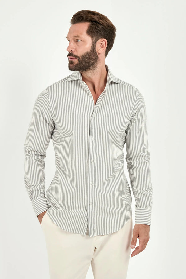 grey striped cotton cashmere shirt, men cotton cashmere shirt, italian cotton cashmere shirt, grey striped cashmere shirt, luxury men's cotton cashmere shirt, elegant men's cashmere shirt, refined cotton cashmere shirt, tailored grey striped shirt, premium italian cotton cashmere shirt