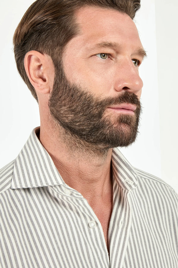 grey striped cotton cashmere shirt, men cotton cashmere shirt, italian cotton cashmere shirt, grey striped cashmere shirt, luxury men's cotton cashmere shirt, elegant men's cashmere shirt, refined cotton cashmere shirt, tailored grey striped shirt, premium italian cotton cashmere shirt
