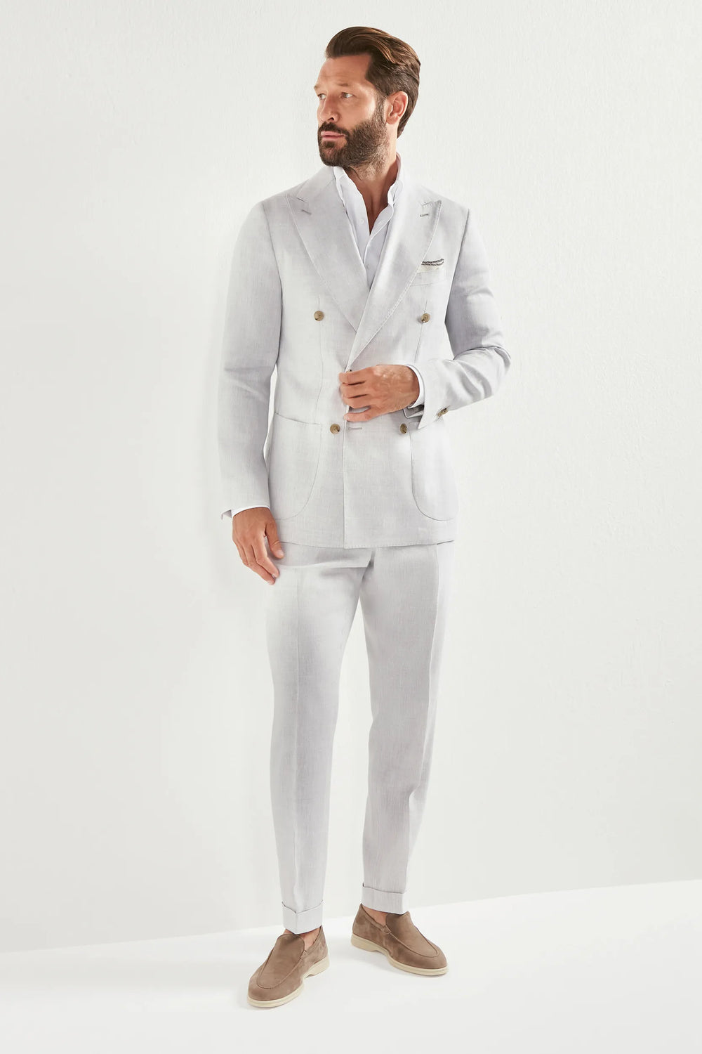 Men Pini Parma double breasted suit color light grey made in italy in a blend of linen and wool 