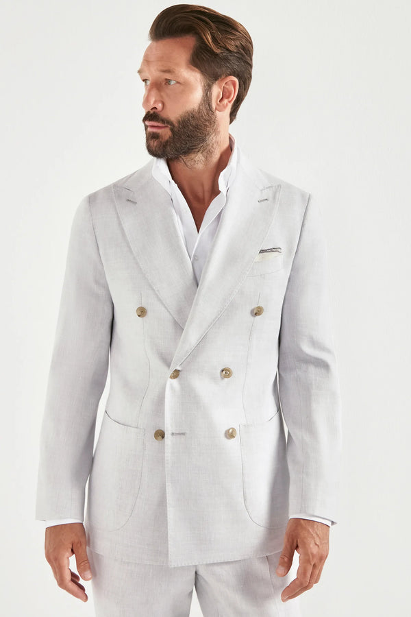 Men Pini Parma double breasted suit color light grey made in italy in a blend of linen and wool 