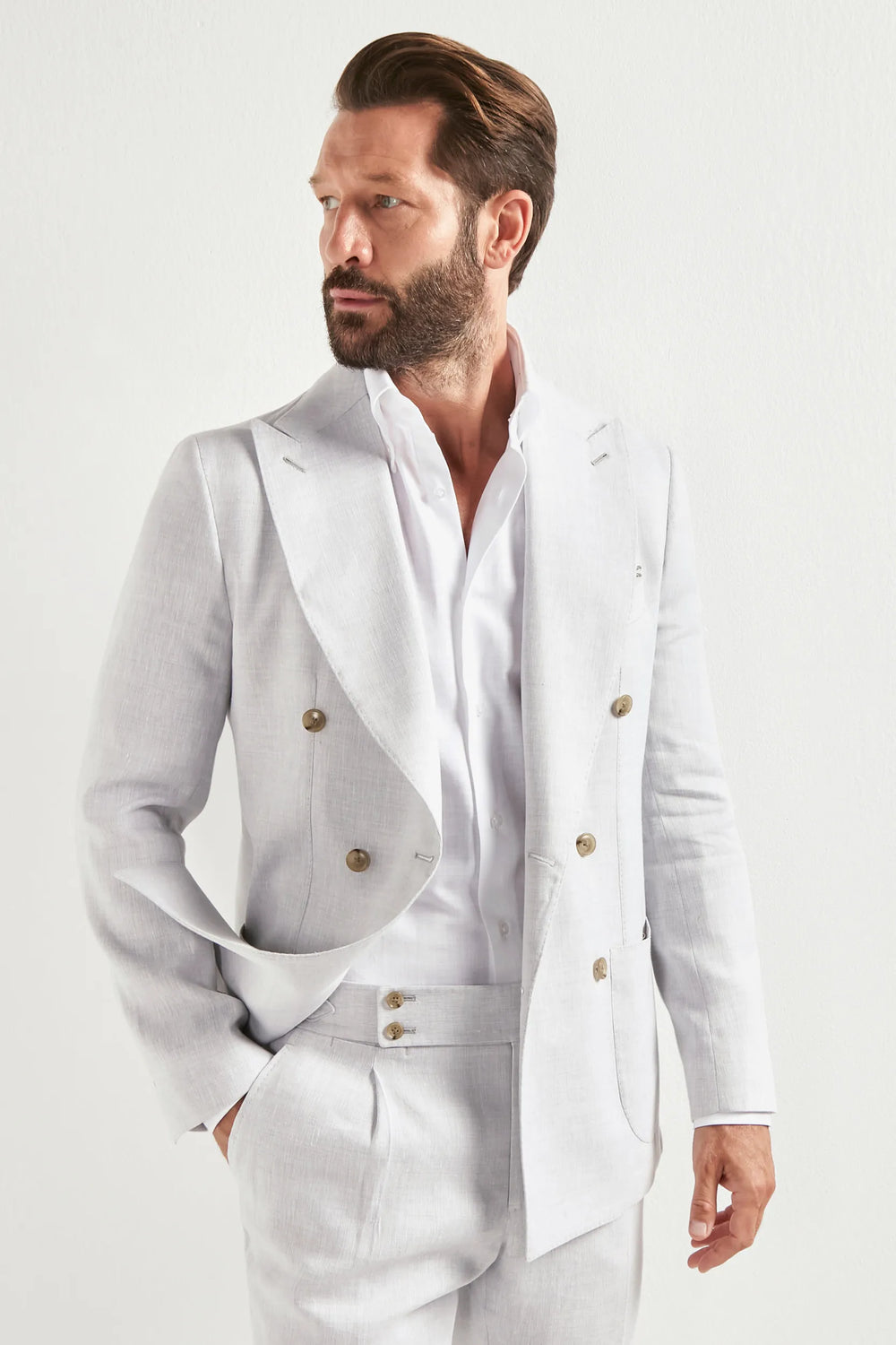 Men Pini Parma double breasted suit color light grey made in italy in a blend of linen and wool 