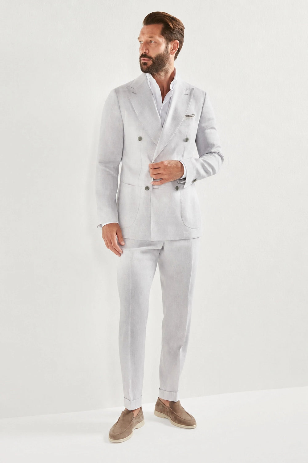 Men Pini Parma double breasted suit color light grey made in italy in a blend of linen and wool 
