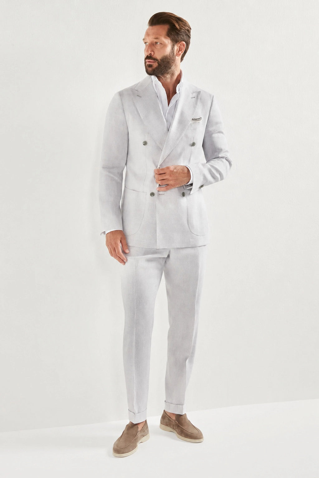 Men Pini Parma double breasted suit color light grey made in italy in a blend of linen and wool 