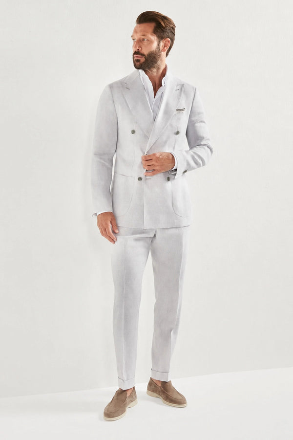 Men Pini Parma double breasted suit color light grey made in italy in a blend of linen and wool 