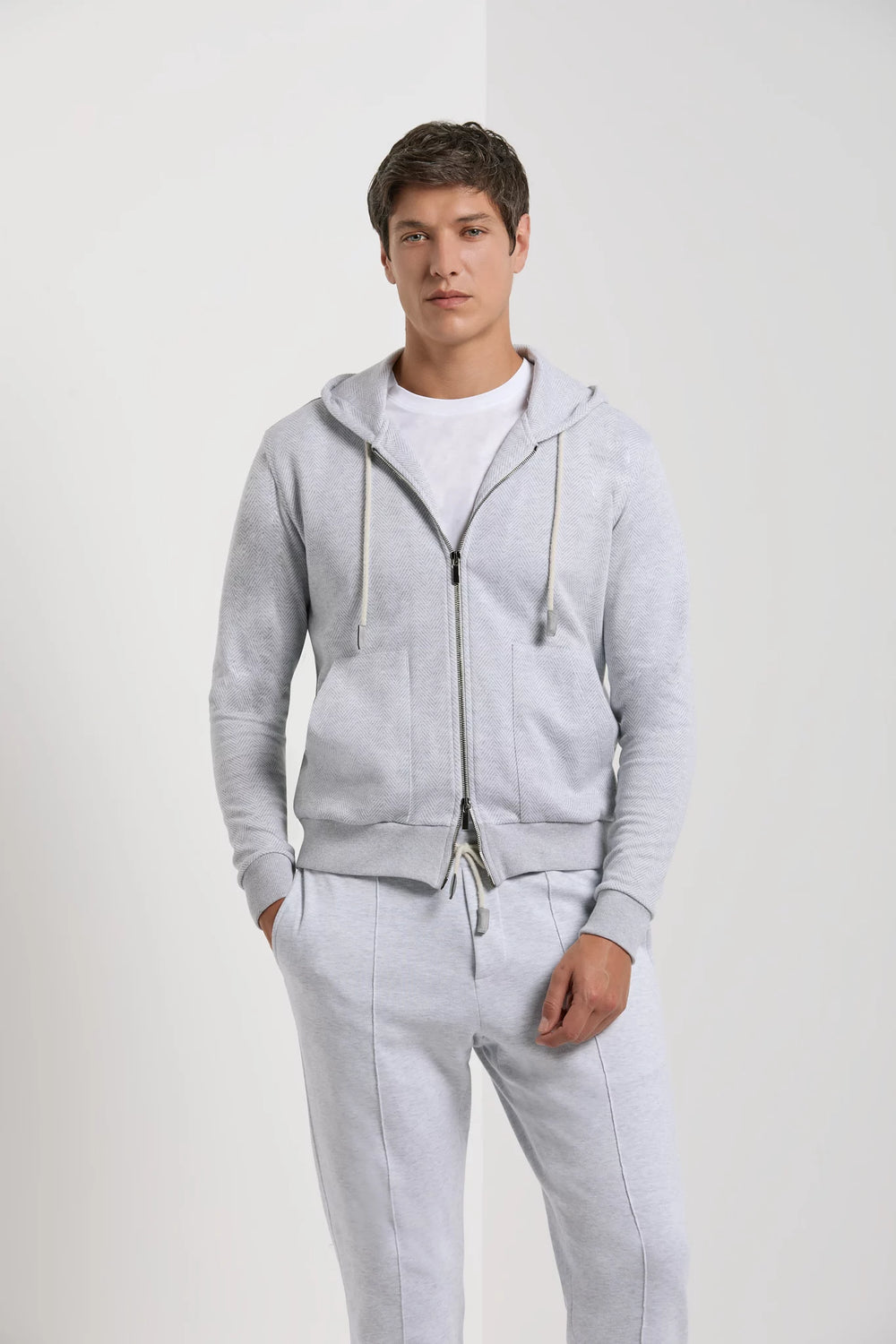 Pini Parma made in Italy men ice grey herringbone jersey zip hoodie