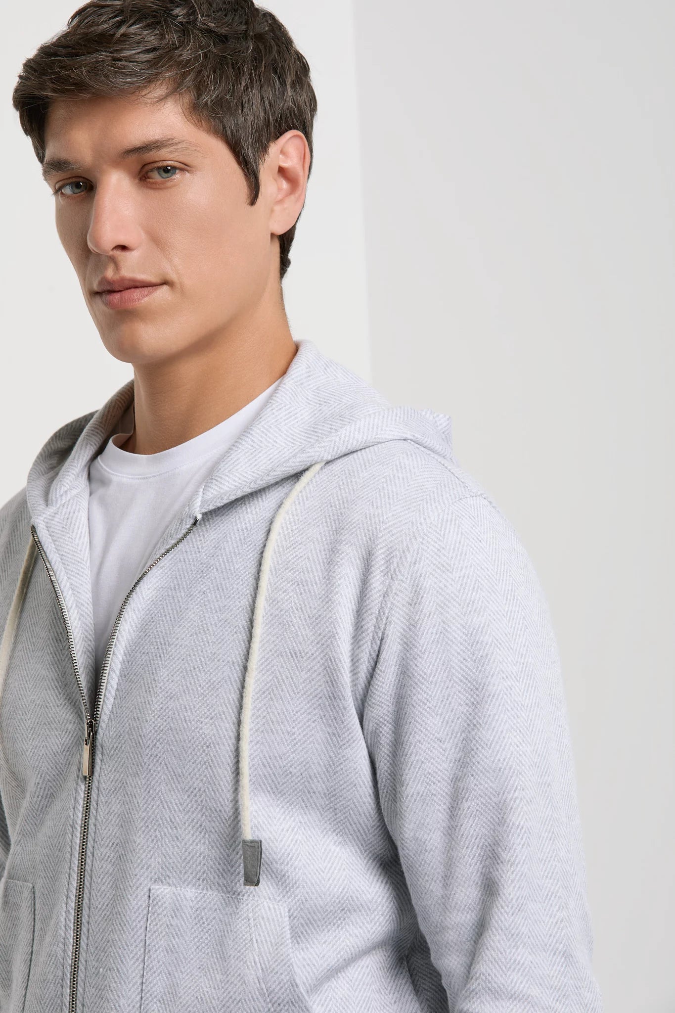 Pini Parma made in Italy men ice grey herringbone jersey zip hoodie