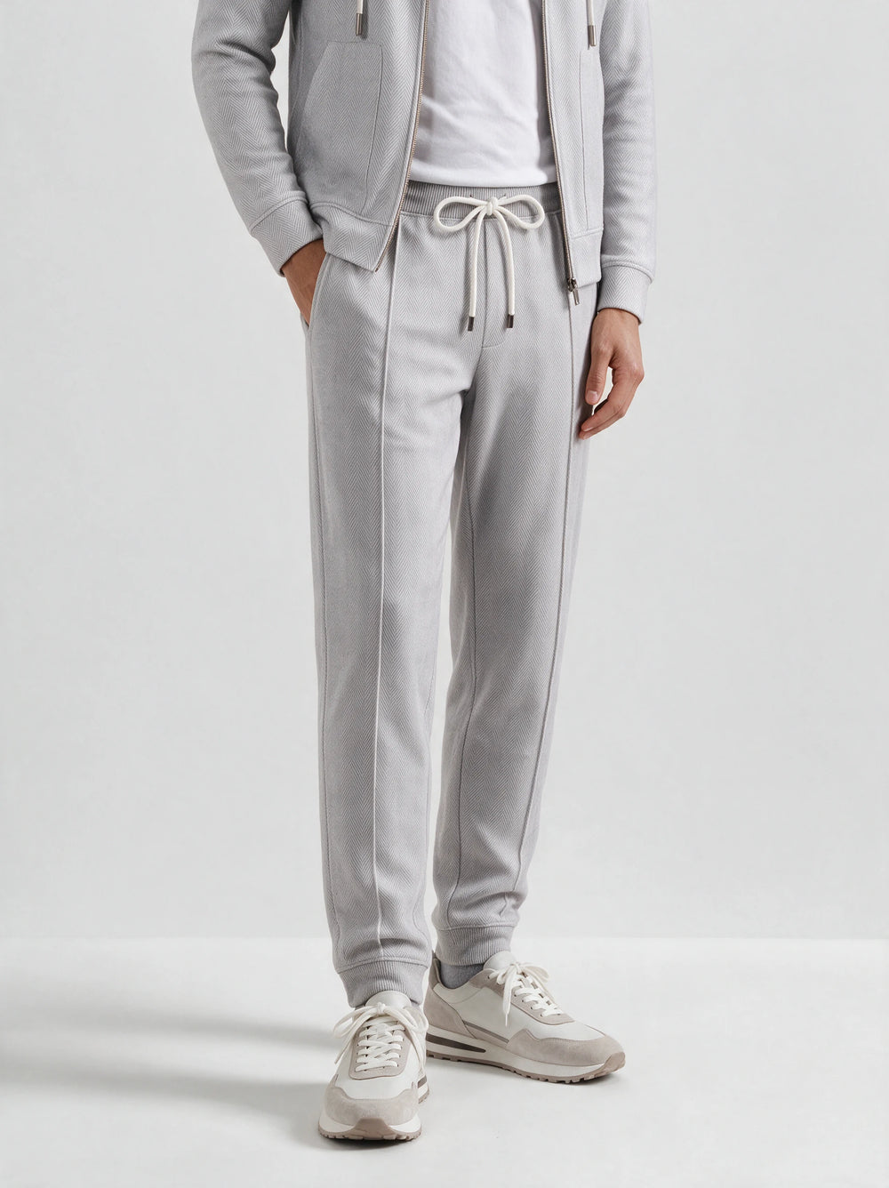 Ice grey herringbone jersey jogger pants - Made in Italy